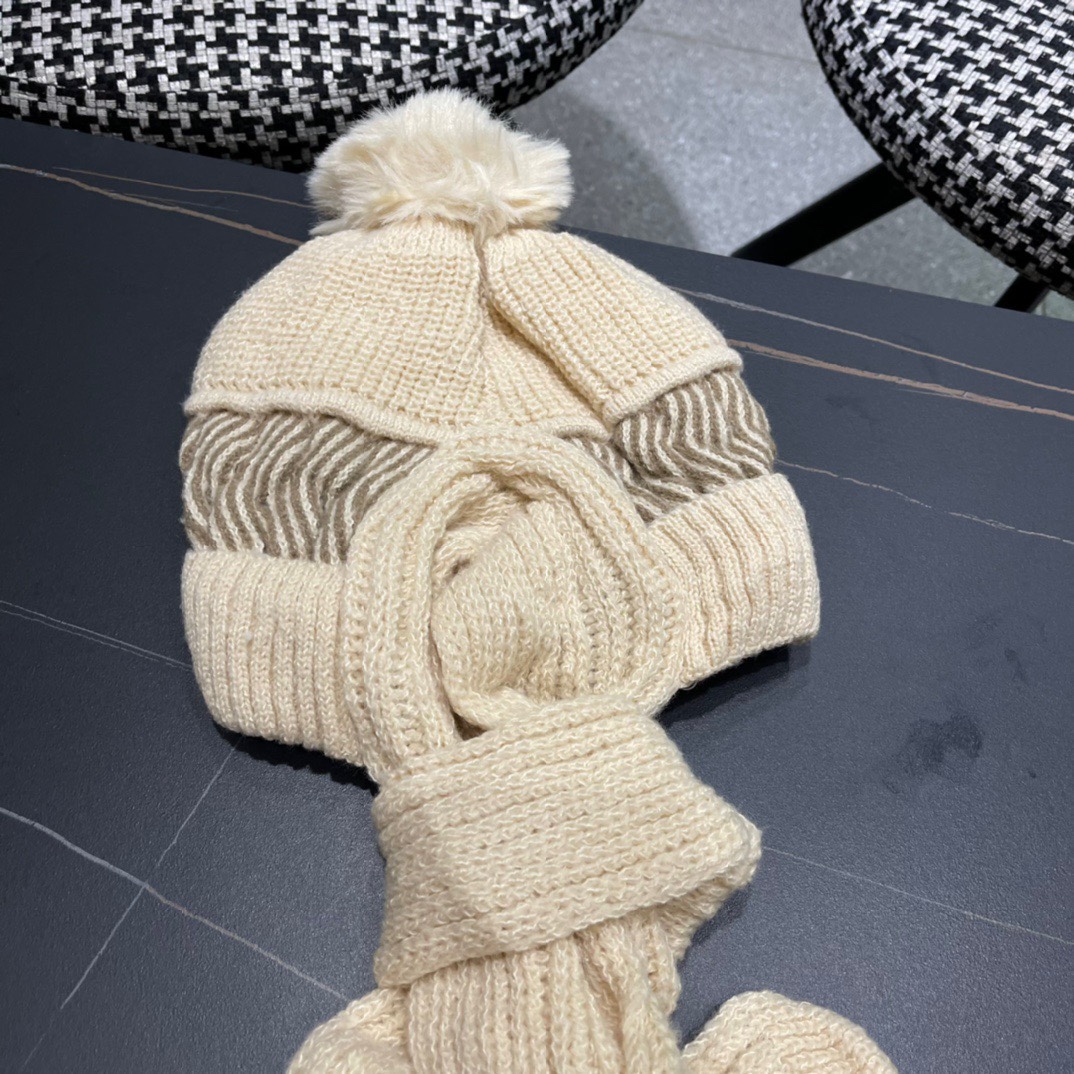 普拉达Prada 2024新款围巾一体毛绒渔夫帽女秋冬帽子冬款针织帽