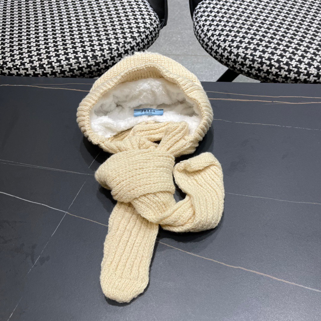 普拉达Prada 2024新款围巾一体毛绒渔夫帽女秋冬帽子冬款针织帽