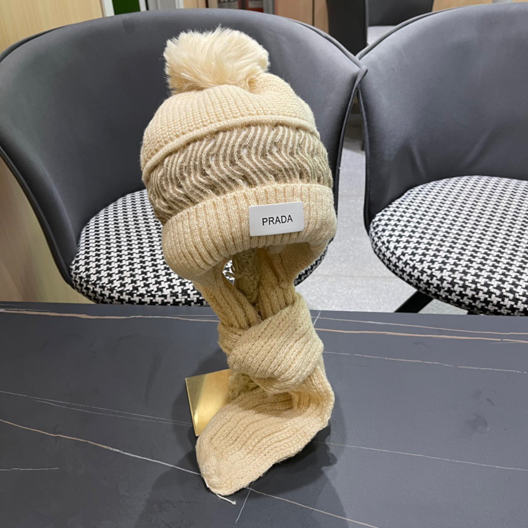 普拉达Prada 2024新款围巾一体毛绒渔夫帽女秋冬帽子冬款针织帽