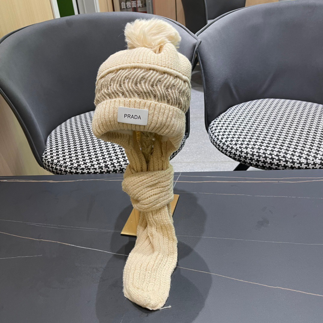 普拉达Prada 2024新款围巾一体毛绒渔夫帽女秋冬帽子冬款针织帽