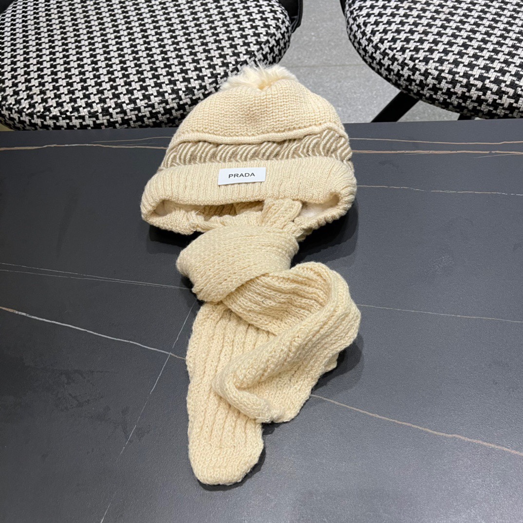 普拉达Prada 2024新款围巾一体毛绒渔夫帽女秋冬帽子冬款针织帽
