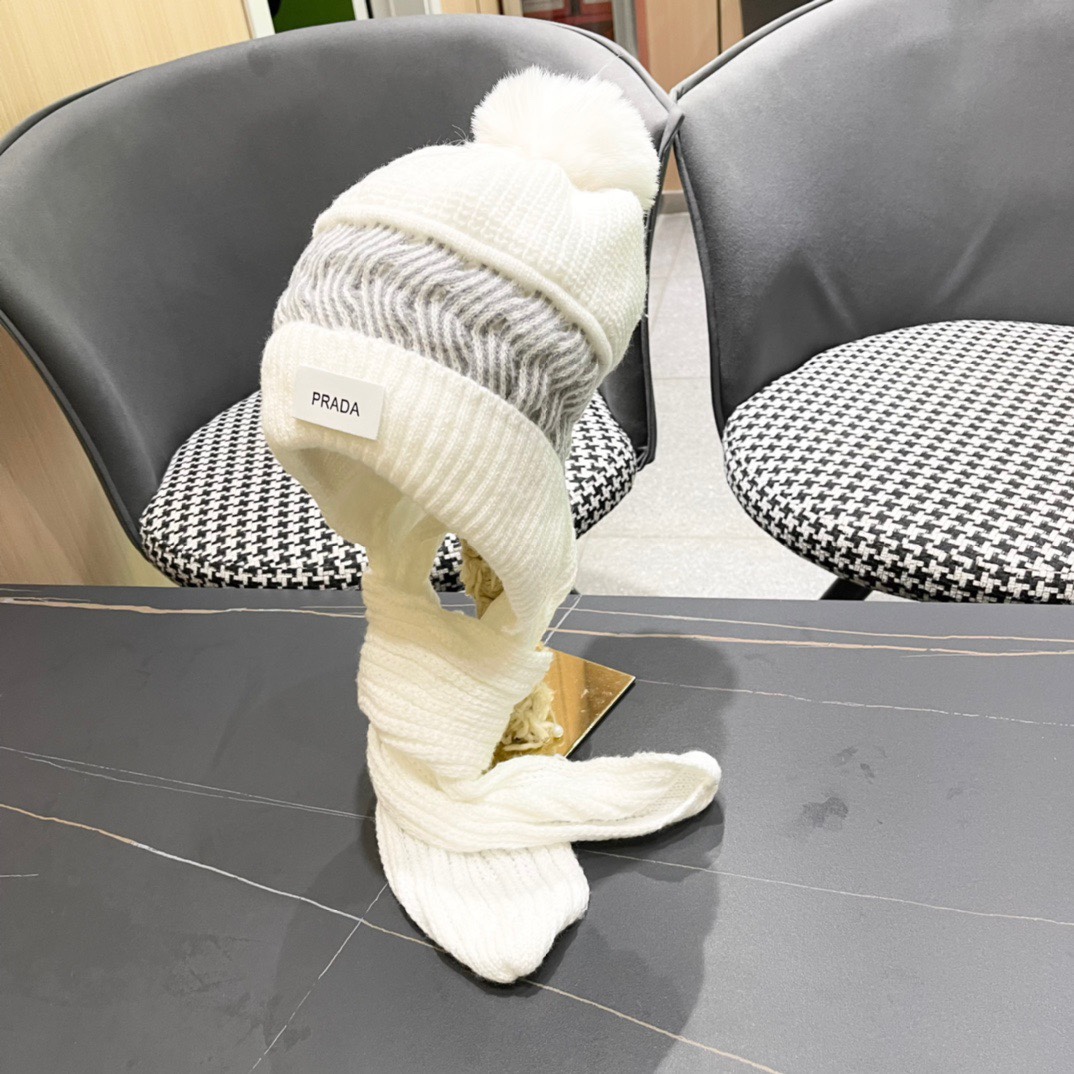 普拉达Prada 2024新款围巾一体毛绒渔夫帽女秋冬帽子冬款针织帽