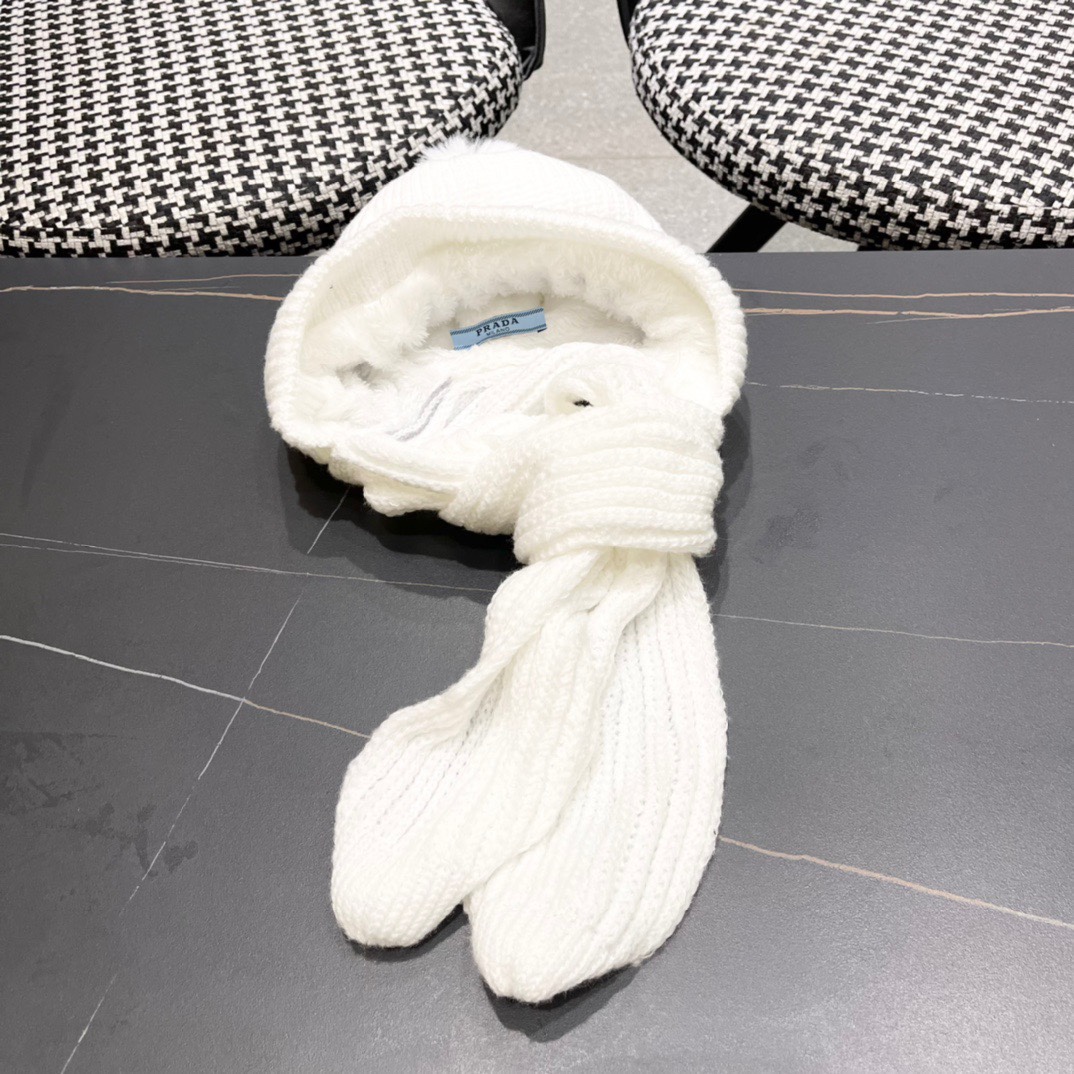 普拉达Prada 2024新款围巾一体毛绒渔夫帽女秋冬帽子冬款针织帽