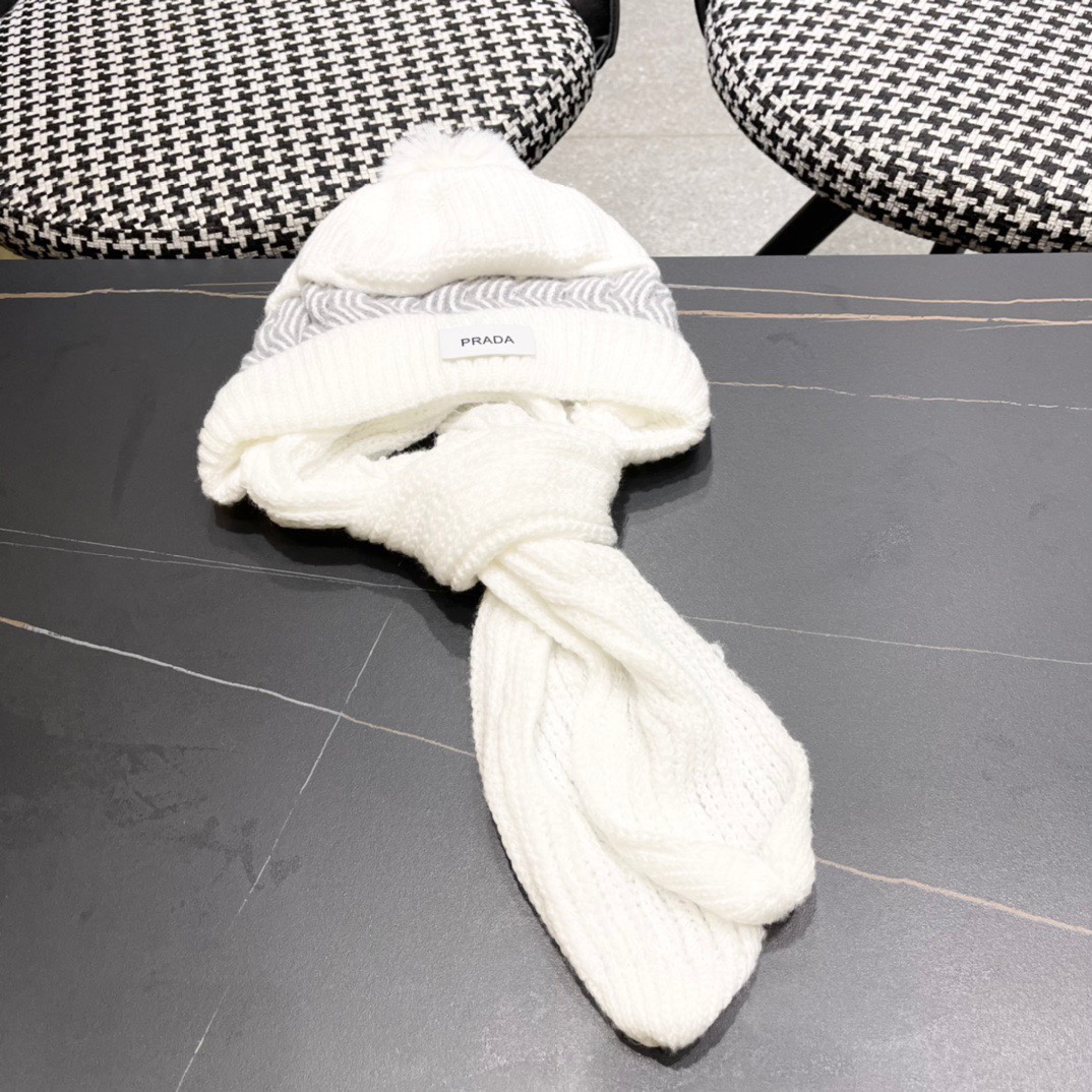 普拉达Prada 2024新款围巾一体毛绒渔夫帽女秋冬帽子冬款针织帽