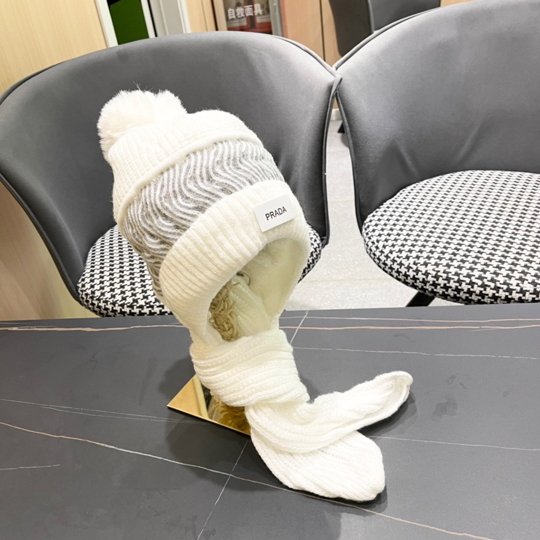 普拉达Prada 2024新款围巾一体毛绒渔夫帽女秋冬帽子冬款针织帽