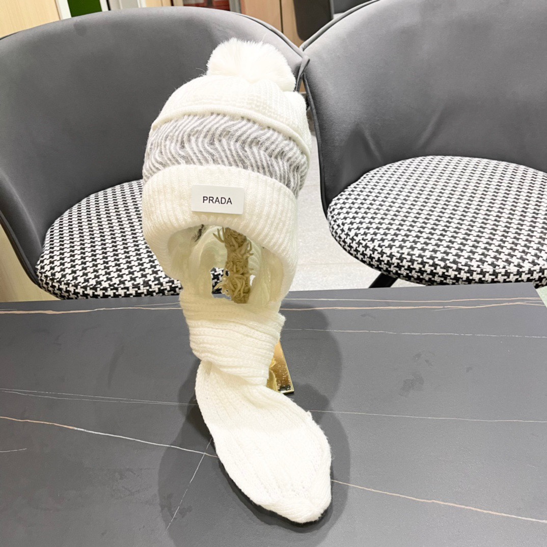普拉达Prada 2024新款围巾一体毛绒渔夫帽女秋冬帽子冬款针织帽