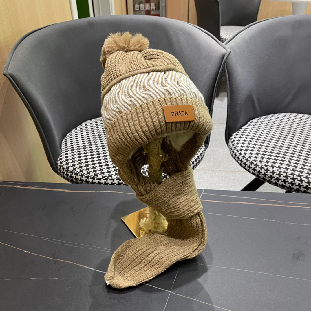 普拉达Prada 2024新款围巾一体毛绒渔夫帽女秋冬帽子冬款针织帽
