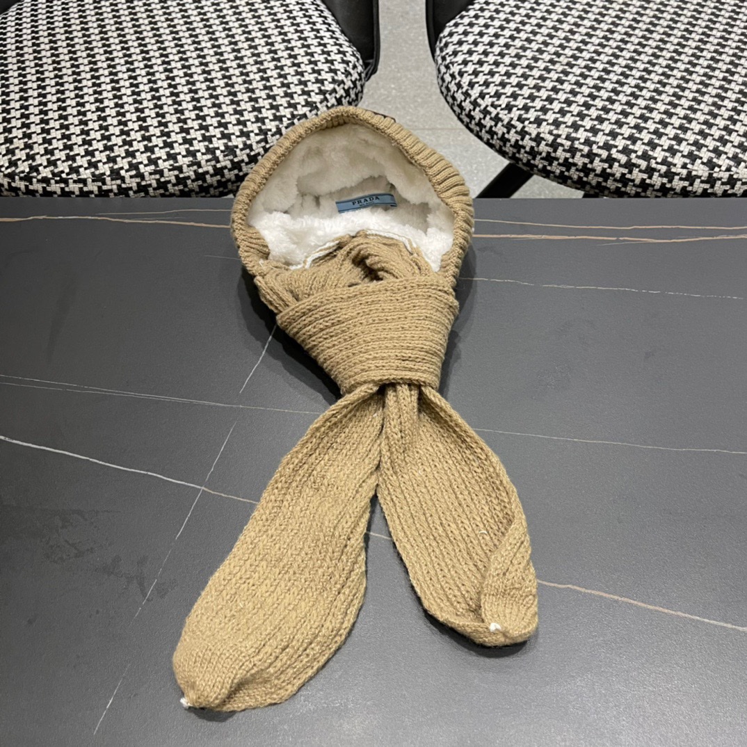 普拉达Prada 2024新款围巾一体毛绒渔夫帽女秋冬帽子冬款针织帽