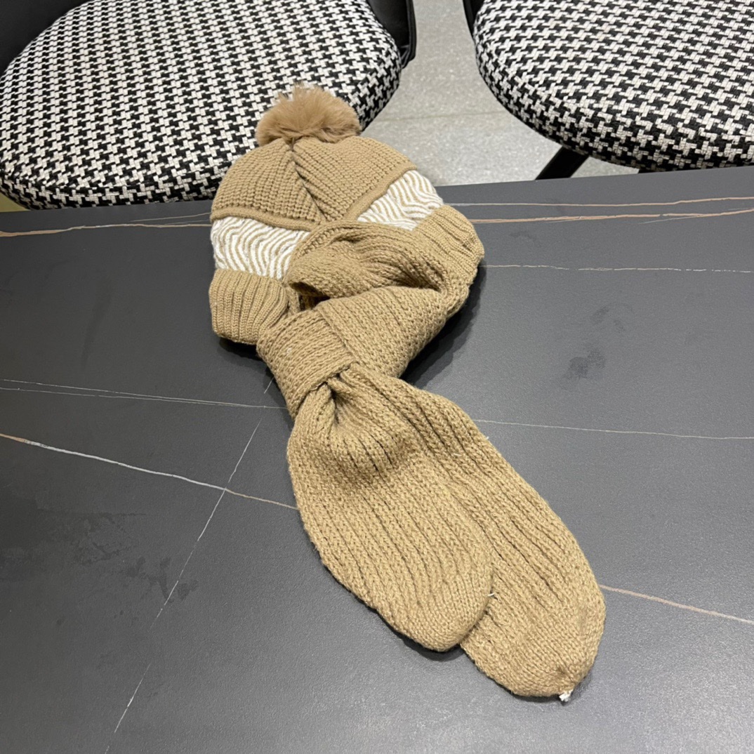 普拉达Prada 2024新款围巾一体毛绒渔夫帽女秋冬帽子冬款针织帽