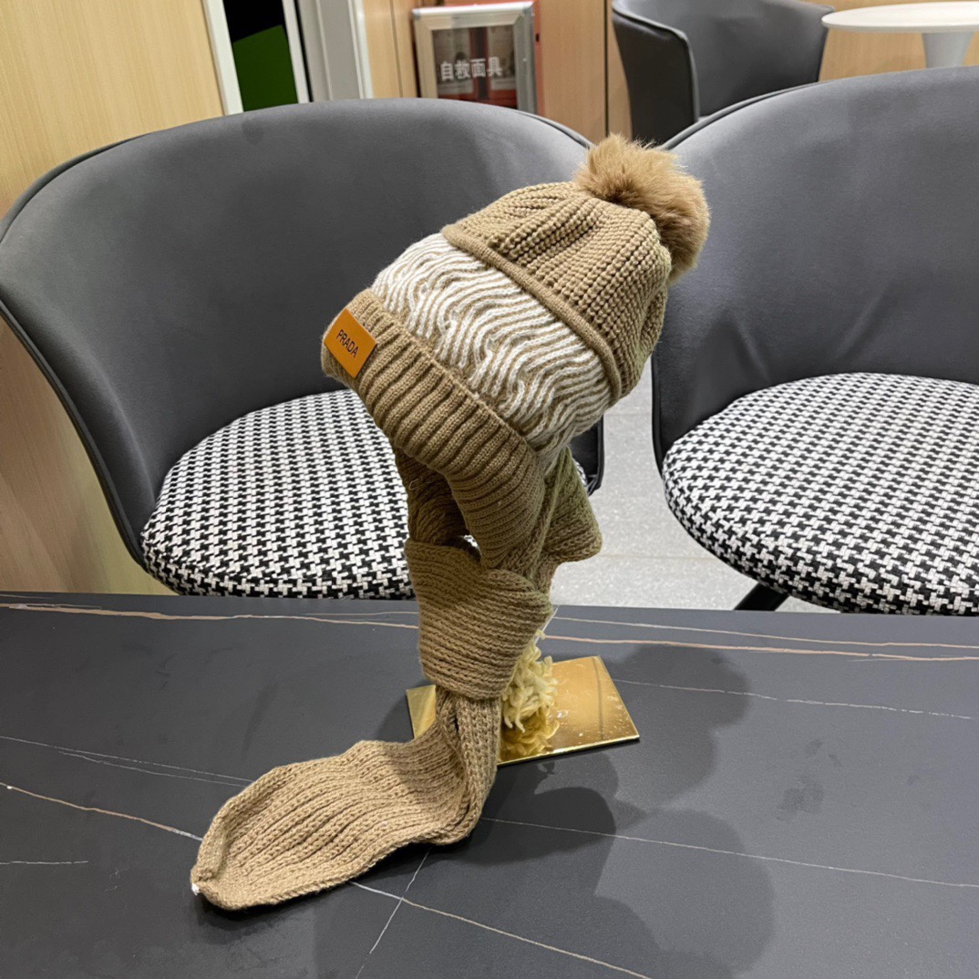 普拉达Prada 2024新款围巾一体毛绒渔夫帽女秋冬帽子冬款针织帽