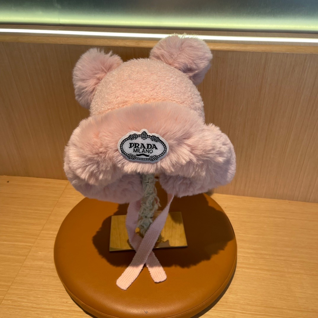 普拉达Prada新款秋冬季毛绒雷锋帽加绒加厚护耳帽子防寒防风帽