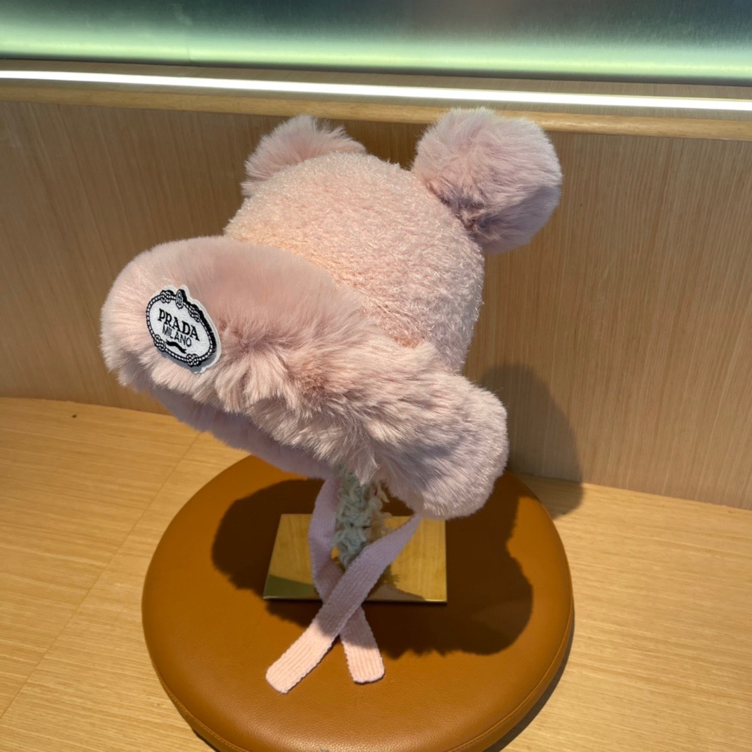 普拉达Prada新款秋冬季毛绒雷锋帽加绒加厚护耳帽子防寒防风帽