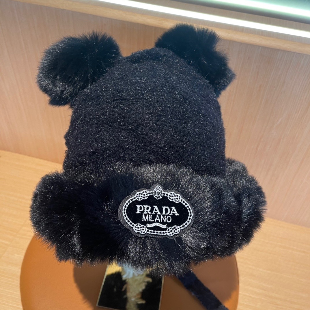 普拉达Prada新款秋冬季毛绒雷锋帽加绒加厚护耳帽子防寒防风帽