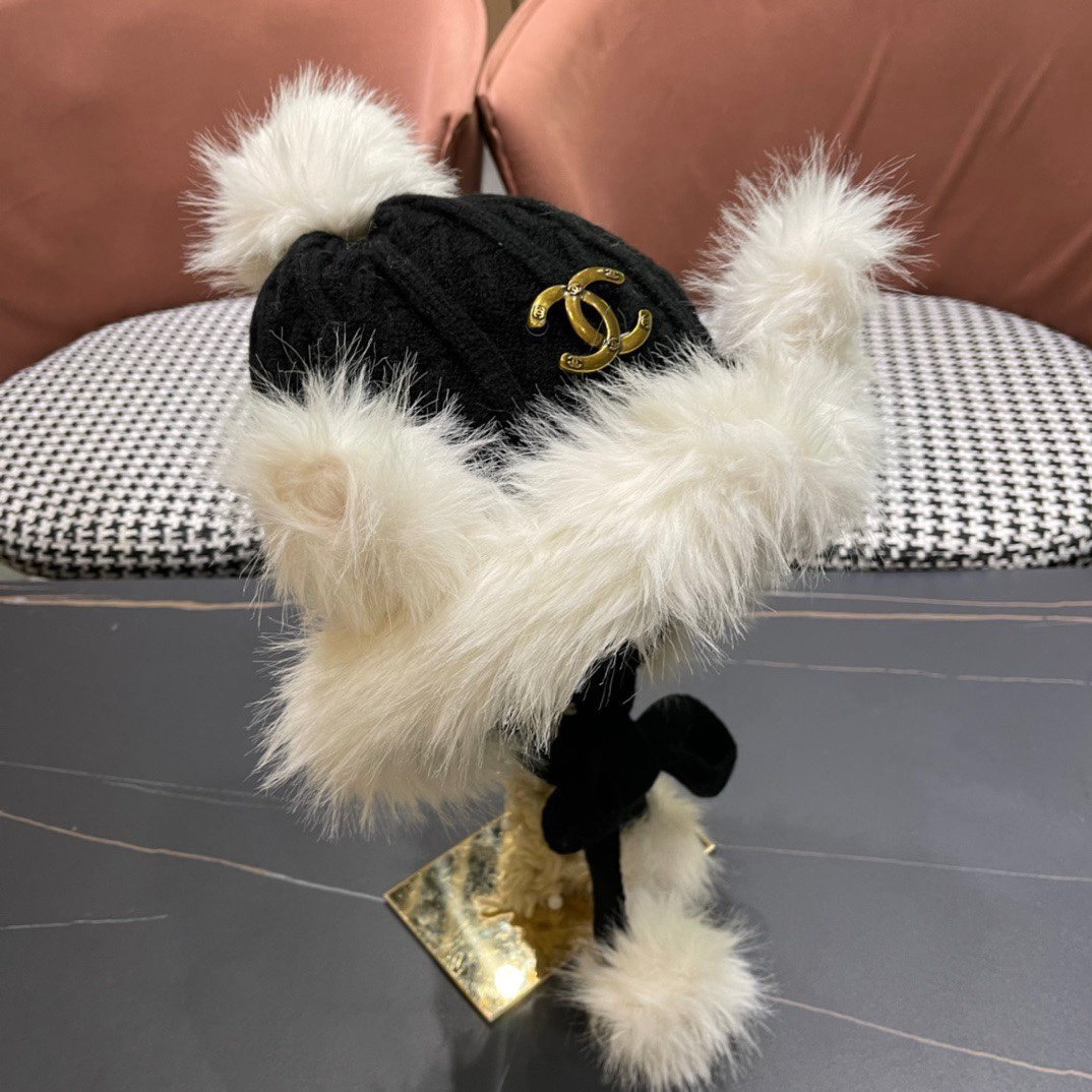 香奈儿Chanel冬天帽子雪地毛线帽针织加绒保暖帽女冬季雷锋帽护耳秋冬兔毛遮耳