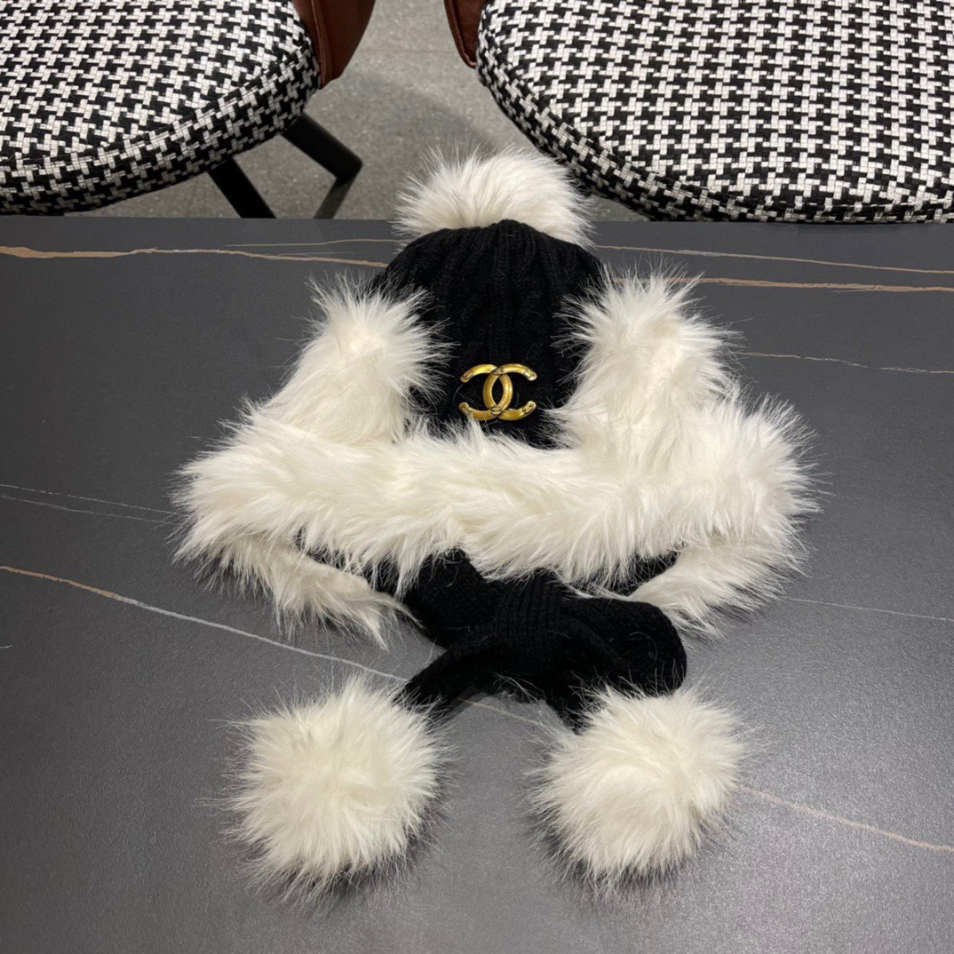 香奈儿Chanel冬天帽子雪地毛线帽针织加绒保暖帽女冬季雷锋帽护耳秋冬兔毛遮耳