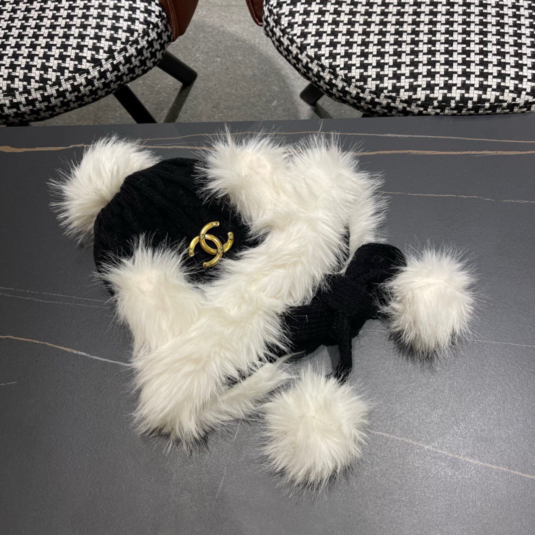 香奈儿Chanel冬天帽子雪地毛线帽针织加绒保暖帽女冬季雷锋帽护耳秋冬兔毛遮耳