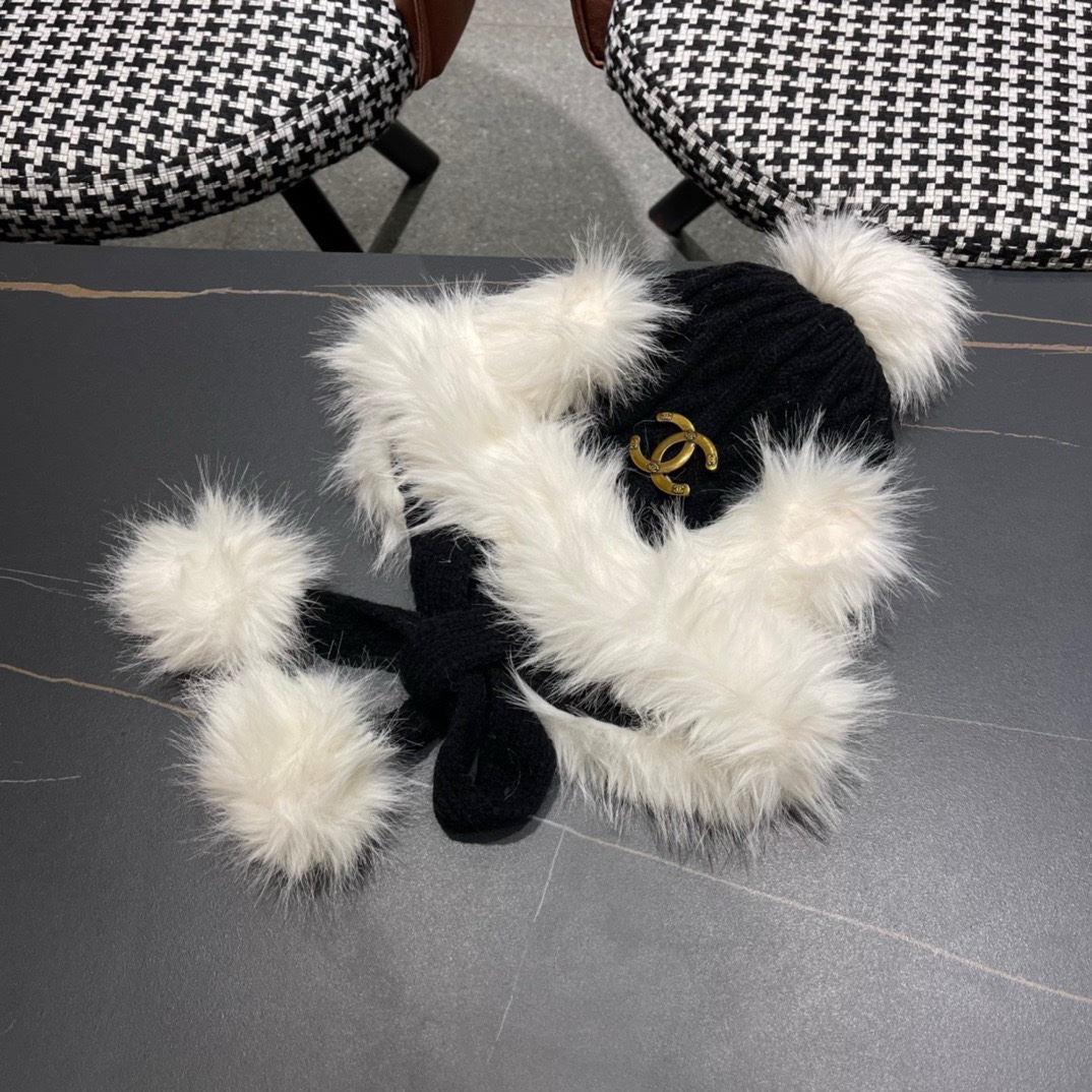 香奈儿Chanel冬天帽子雪地毛线帽针织加绒保暖帽女冬季雷锋帽护耳秋冬兔毛遮耳