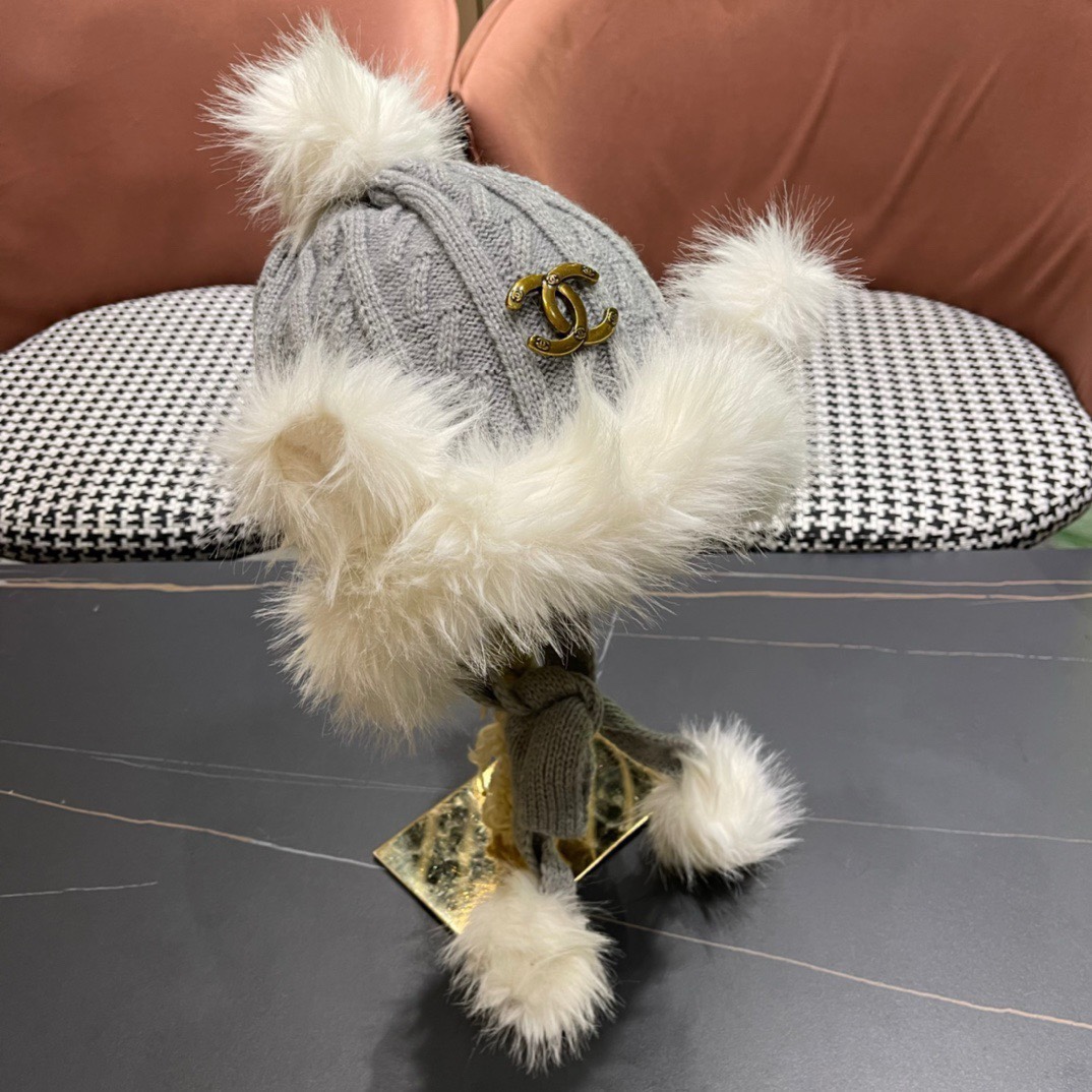 香奈儿Chanel冬天帽子雪地毛线帽针织加绒保暖帽女冬季雷锋帽护耳秋冬兔毛遮耳