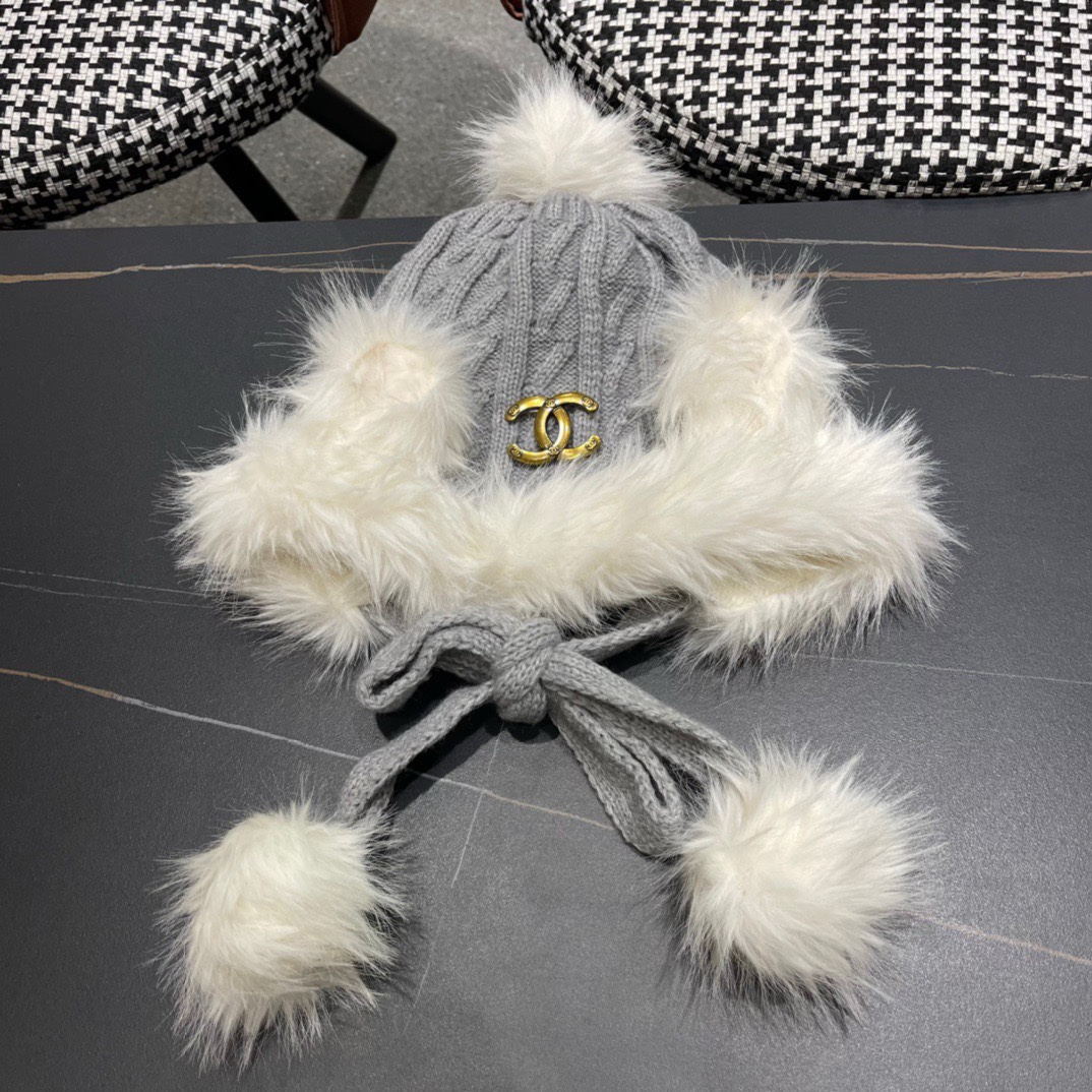 香奈儿Chanel冬天帽子雪地毛线帽针织加绒保暖帽女冬季雷锋帽护耳秋冬兔毛遮耳