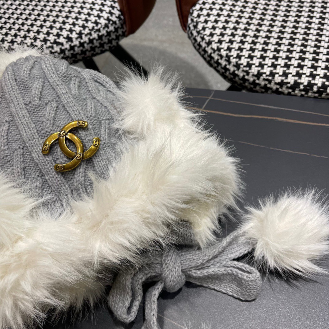 香奈儿Chanel冬天帽子雪地毛线帽针织加绒保暖帽女冬季雷锋帽护耳秋冬兔毛遮耳