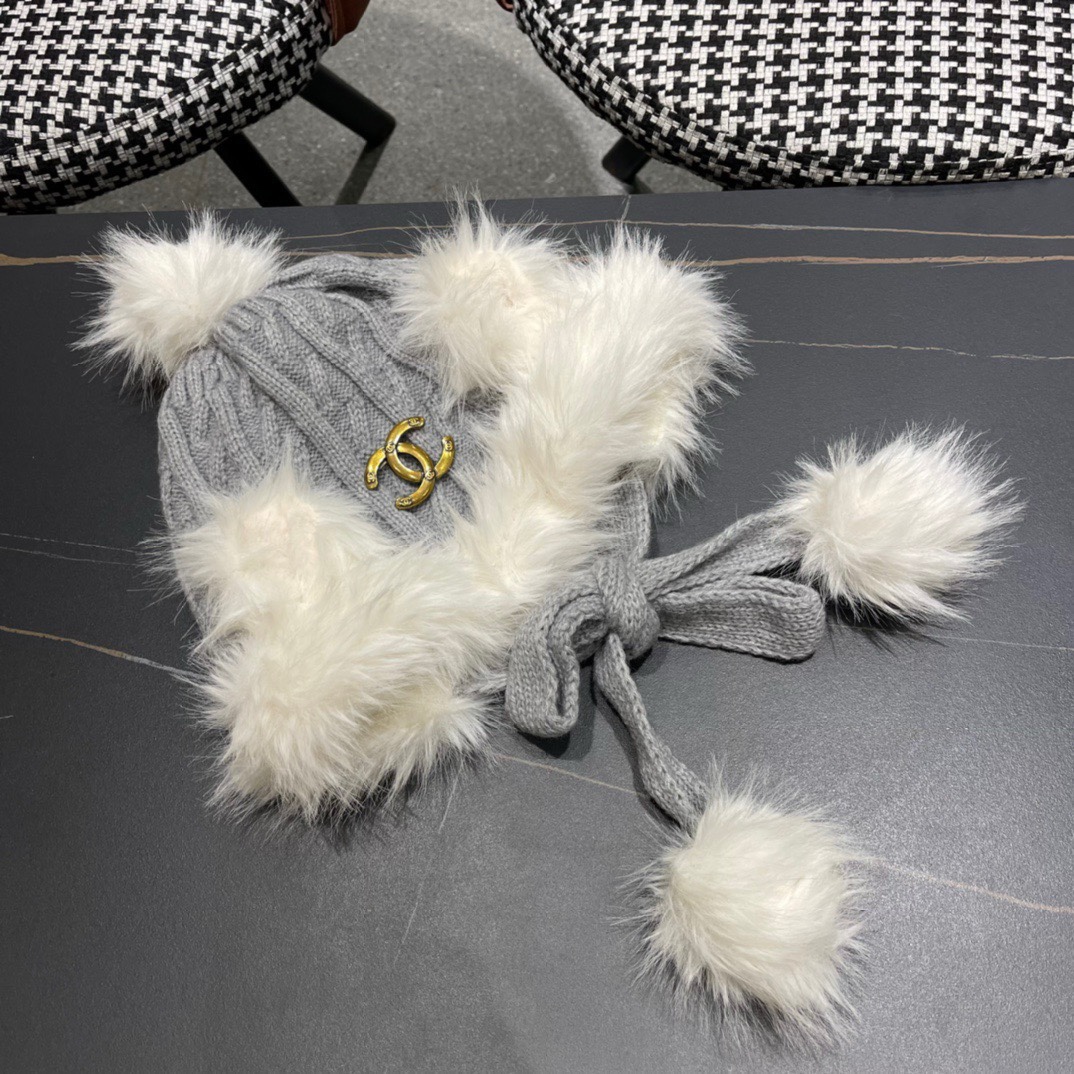 香奈儿Chanel冬天帽子雪地毛线帽针织加绒保暖帽女冬季雷锋帽护耳秋冬兔毛遮耳