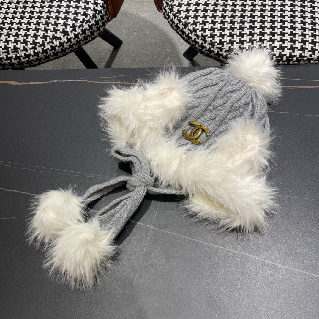 香奈儿Chanel冬天帽子雪地毛线帽针织加绒保暖帽女冬季雷锋帽护耳秋冬兔毛遮耳