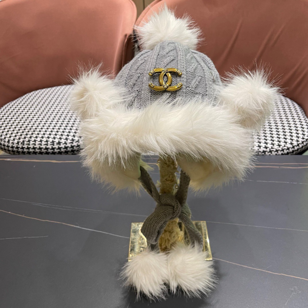 香奈儿Chanel冬天帽子雪地毛线帽针织加绒保暖帽女冬季雷锋帽护耳秋冬兔毛遮耳