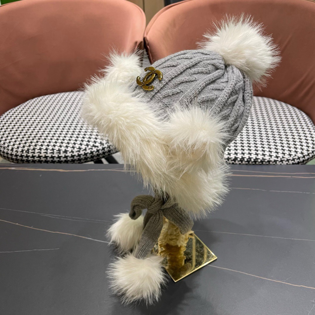 香奈儿Chanel冬天帽子雪地毛线帽针织加绒保暖帽女冬季雷锋帽护耳秋冬兔毛遮耳