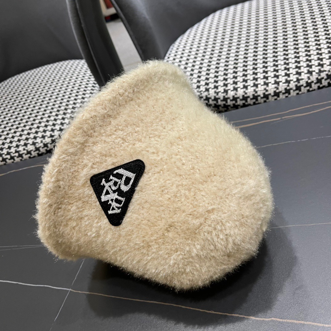 Prada普拉达帽檐针织渔夫帽女秋冬毛绒保暖百搭水桶帽韩版休闲气质盆帽潮