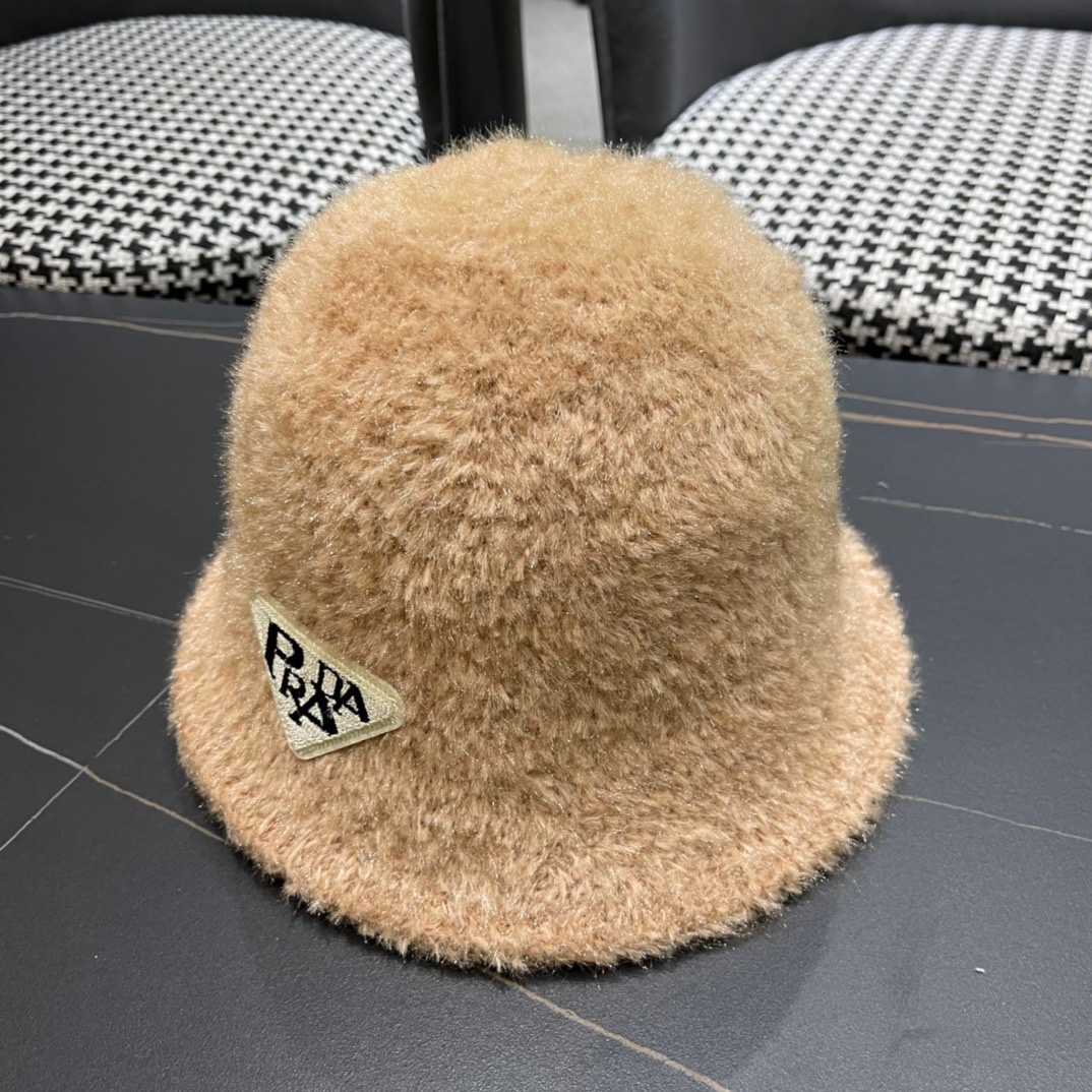 Prada普拉达帽檐针织渔夫帽女秋冬毛绒保暖百搭水桶帽韩版休闲气质盆帽潮