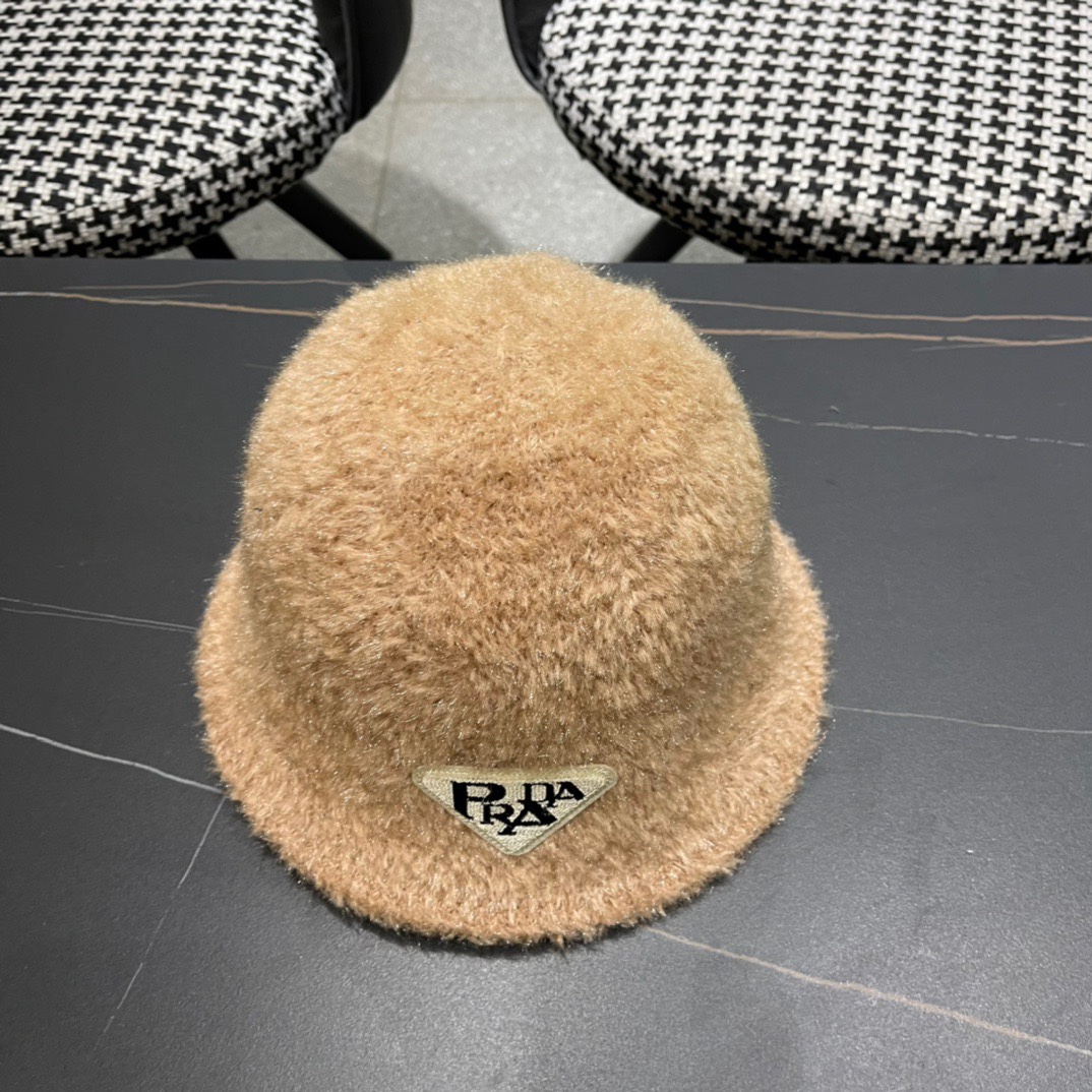 Prada普拉达帽檐针织渔夫帽女秋冬毛绒保暖百搭水桶帽韩版休闲气质盆帽潮