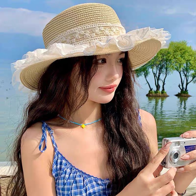  迪奥Dior蕾丝蝴蝶结平顶草帽女戛季法式海边沙滩遮阳防
晒帽度假风太阳发饰