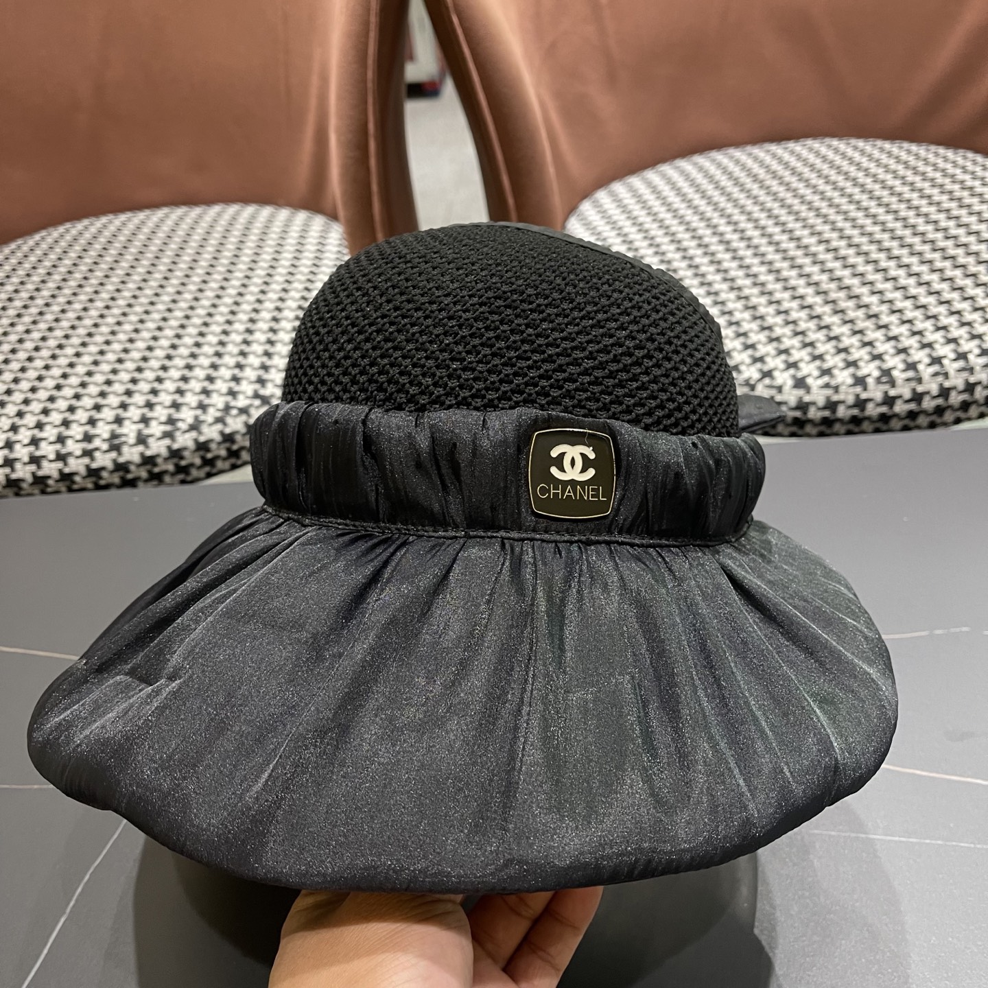  香奈儿CHANEL新款遮阳空顶帽可爱蝴蝶结遮脸防紫外外线太阳帽大檐防晒帽子女夏季