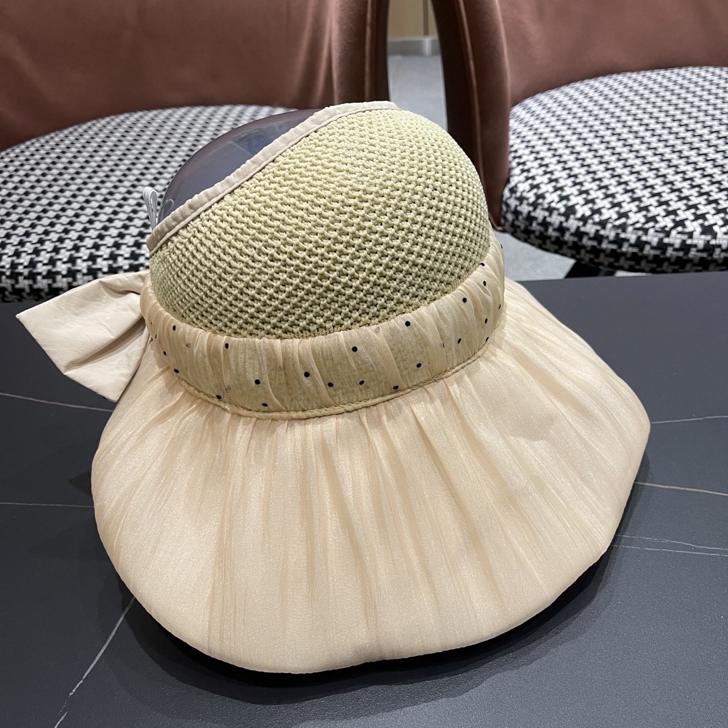  香奈儿CHANEL新款遮阳空顶帽可爱蝴蝶结遮脸防紫外外线太阳帽大檐防晒帽子女夏季