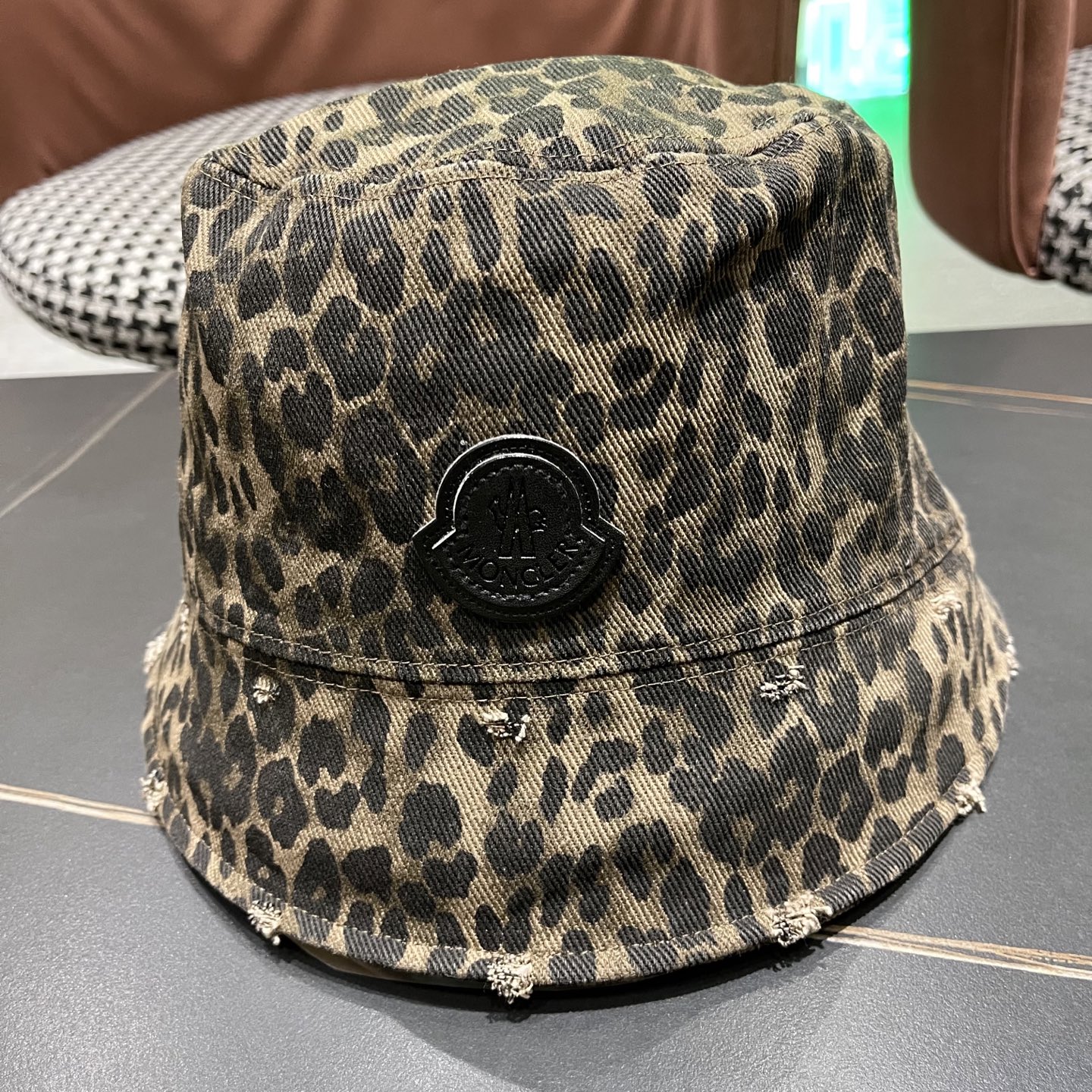  蒙口Moncler豹纹渔夫帽女2025春秋新款日系复古破洞水桶桶帽素颜百搭显脸小盆帽