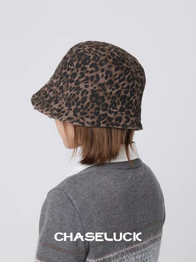  蒙口Moncler豹纹渔夫帽女2025春秋新款日系复古破洞水桶桶帽素颜百搭显脸小盆帽