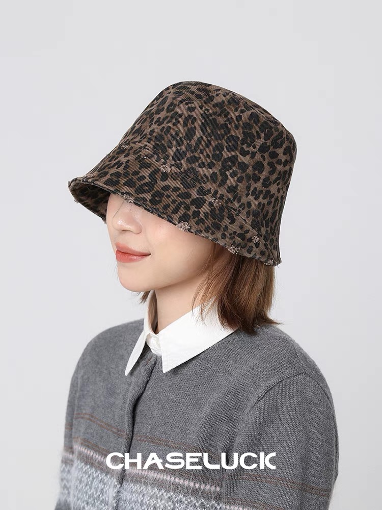  蒙口Moncler豹纹渔夫帽女2025春秋新款日系复古破洞水桶桶帽素颜百搭显脸小盆帽