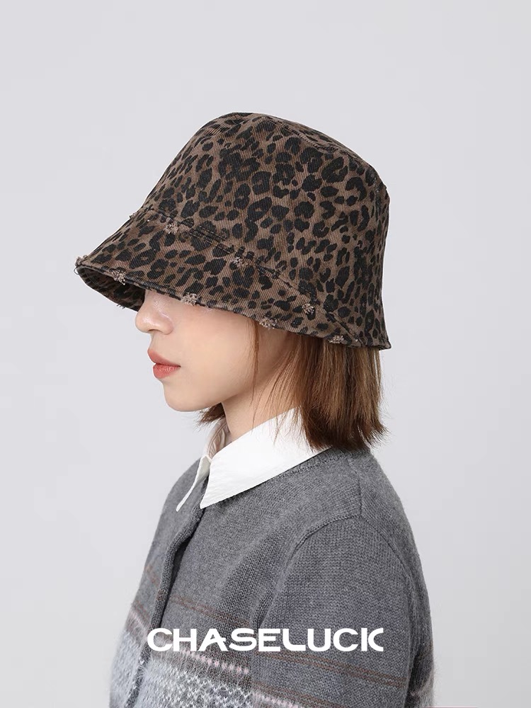  蒙口Moncler豹纹渔夫帽女2025春秋新款日系复古破洞水桶桶帽素颜百搭显脸小盆帽