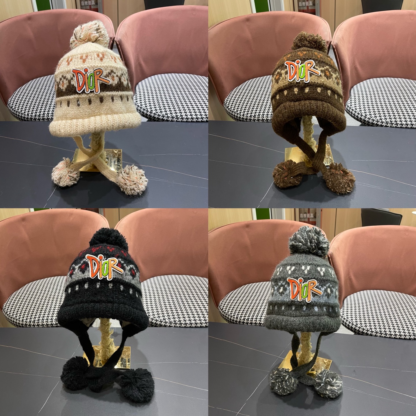  👒迪奥Dior👒 秋冬季民族风绒球针织毛线帽子女显脸小护耳保暖防寒包头雷锋帽子