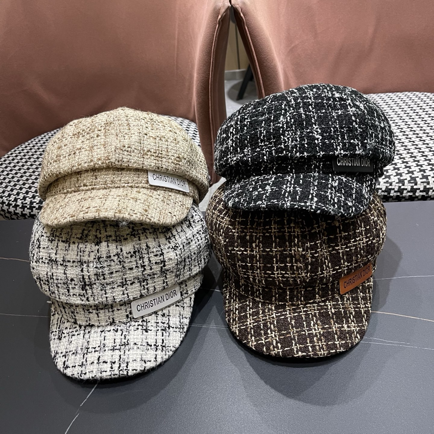 迪奥韩版八角帽子女士格子鸭舌帽秋天学生画家帽贝雷帽