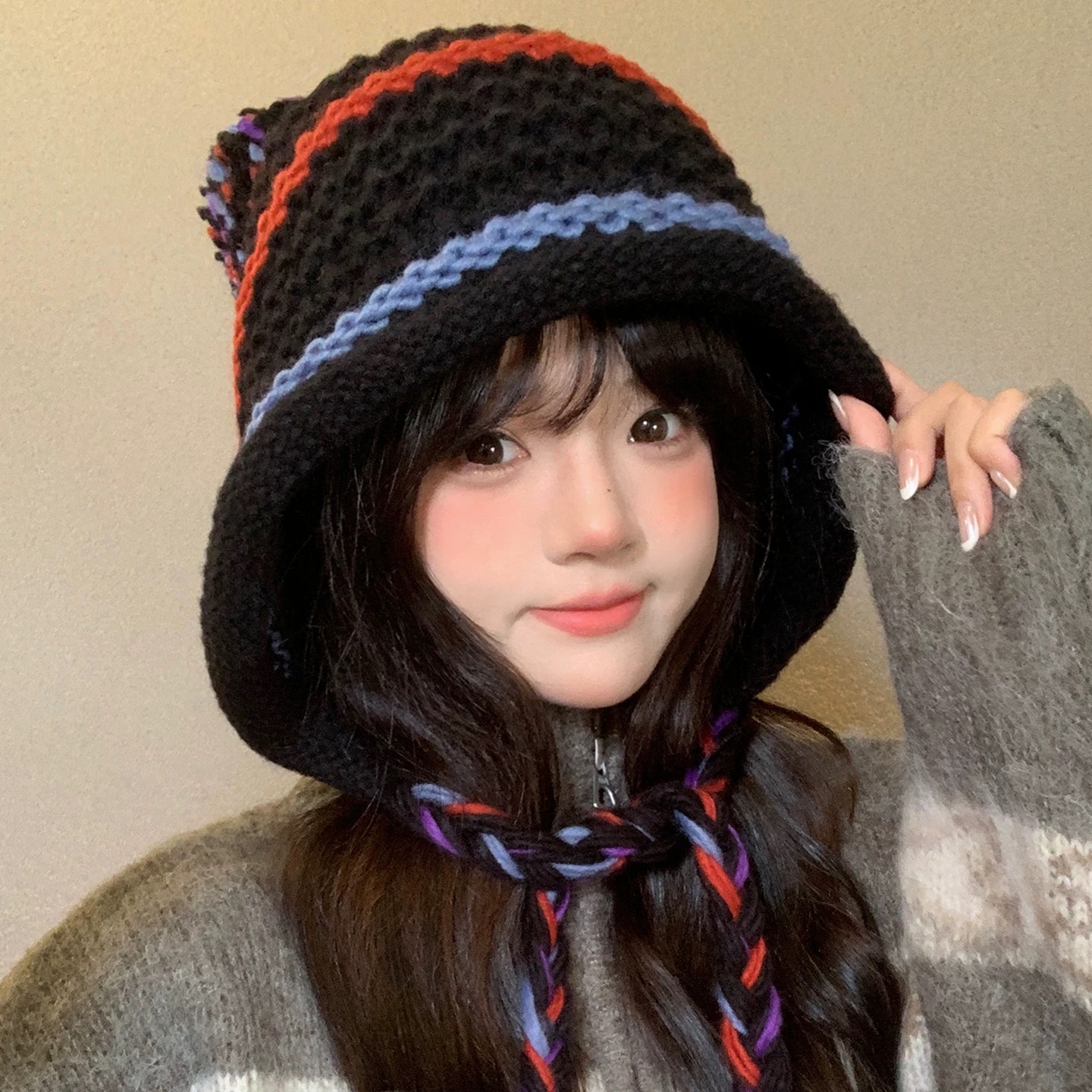 迪奥Dior 2025新款彩色条纹针织套头帽子女秋冬季保暖显脸小百搭护耳毛线帽