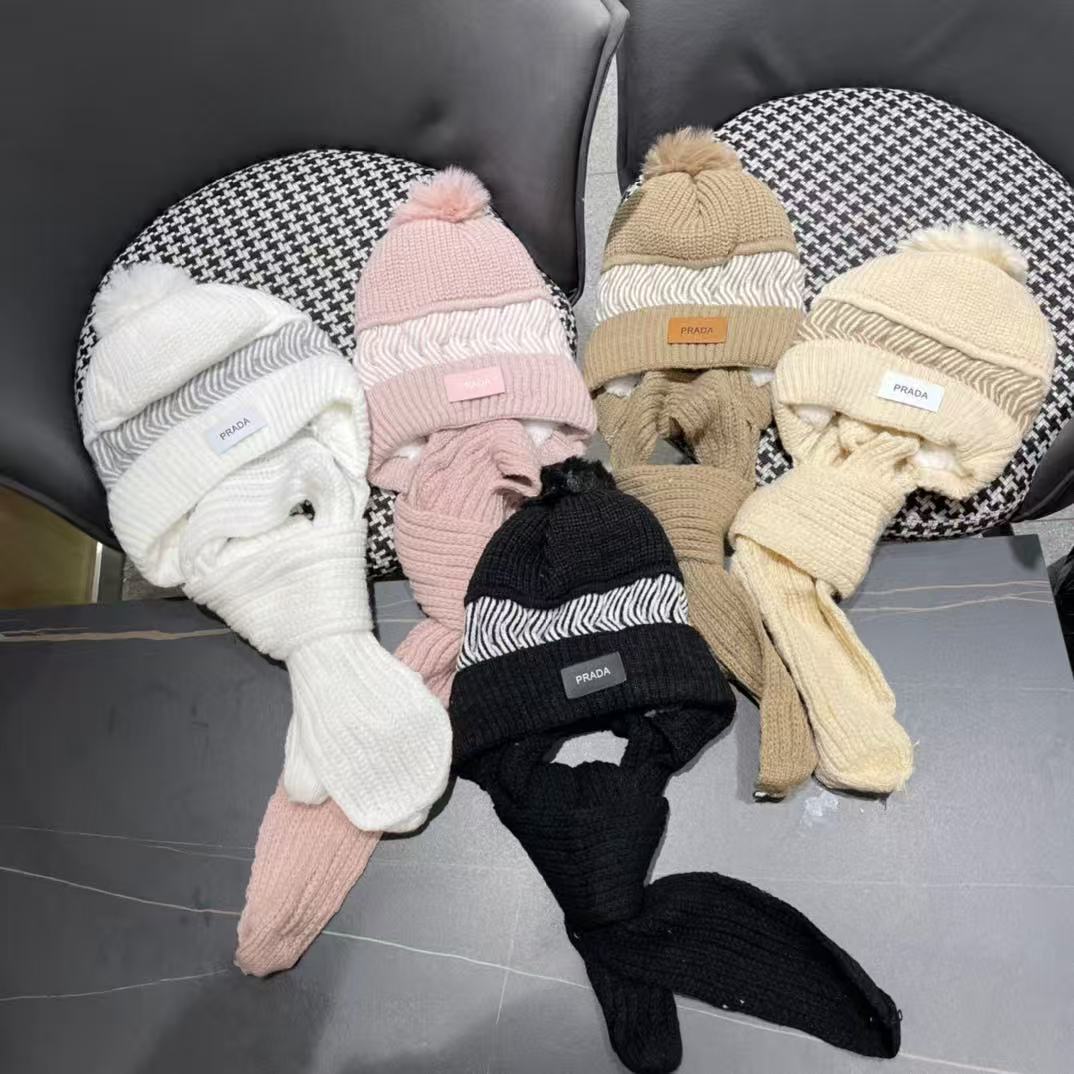 普拉达Prada 2024新款围巾一体毛绒渔夫帽女秋冬帽子冬款针织帽