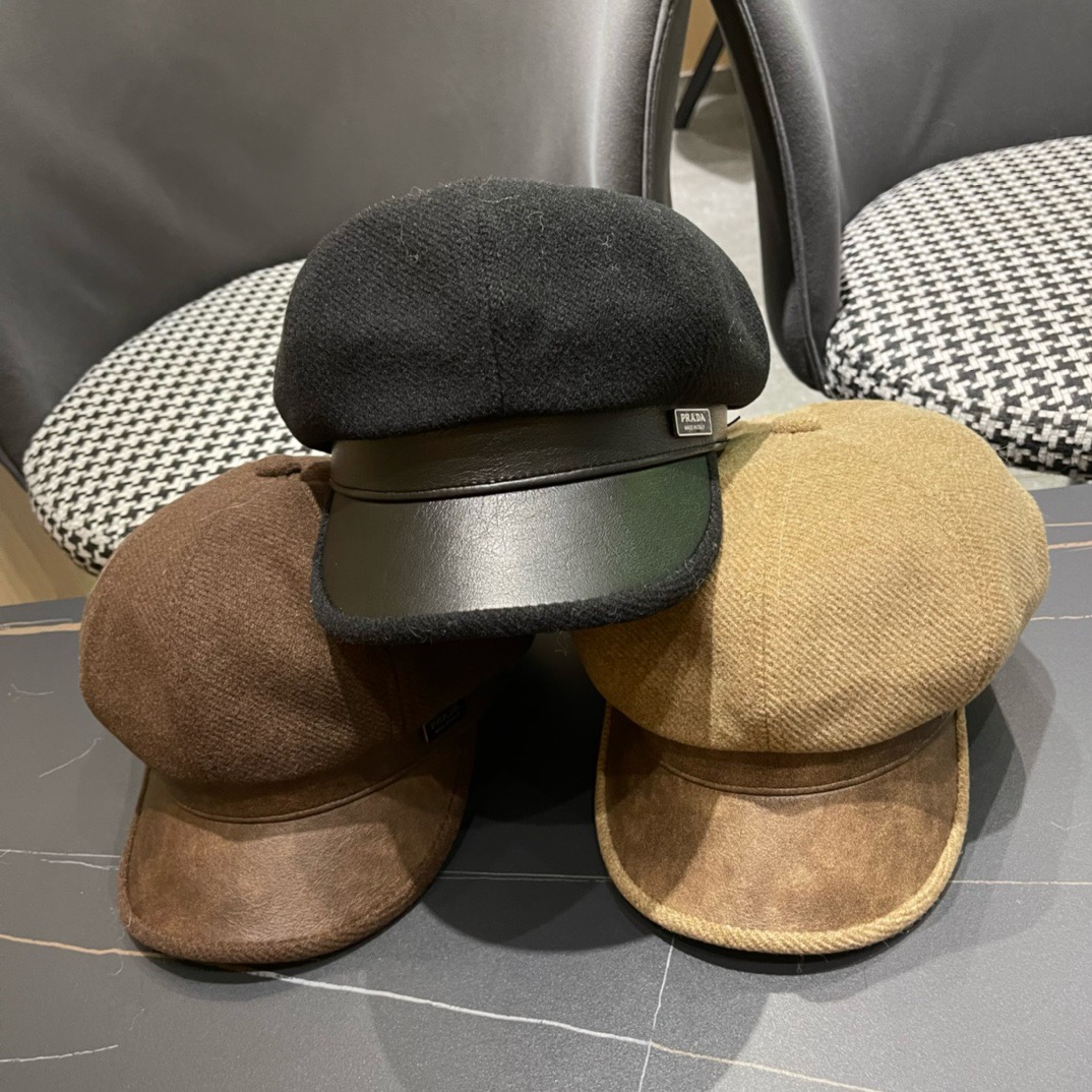 普拉达Prada女秋冬季英伦复古贝雷帽时尚简约纯色鸭舌帽