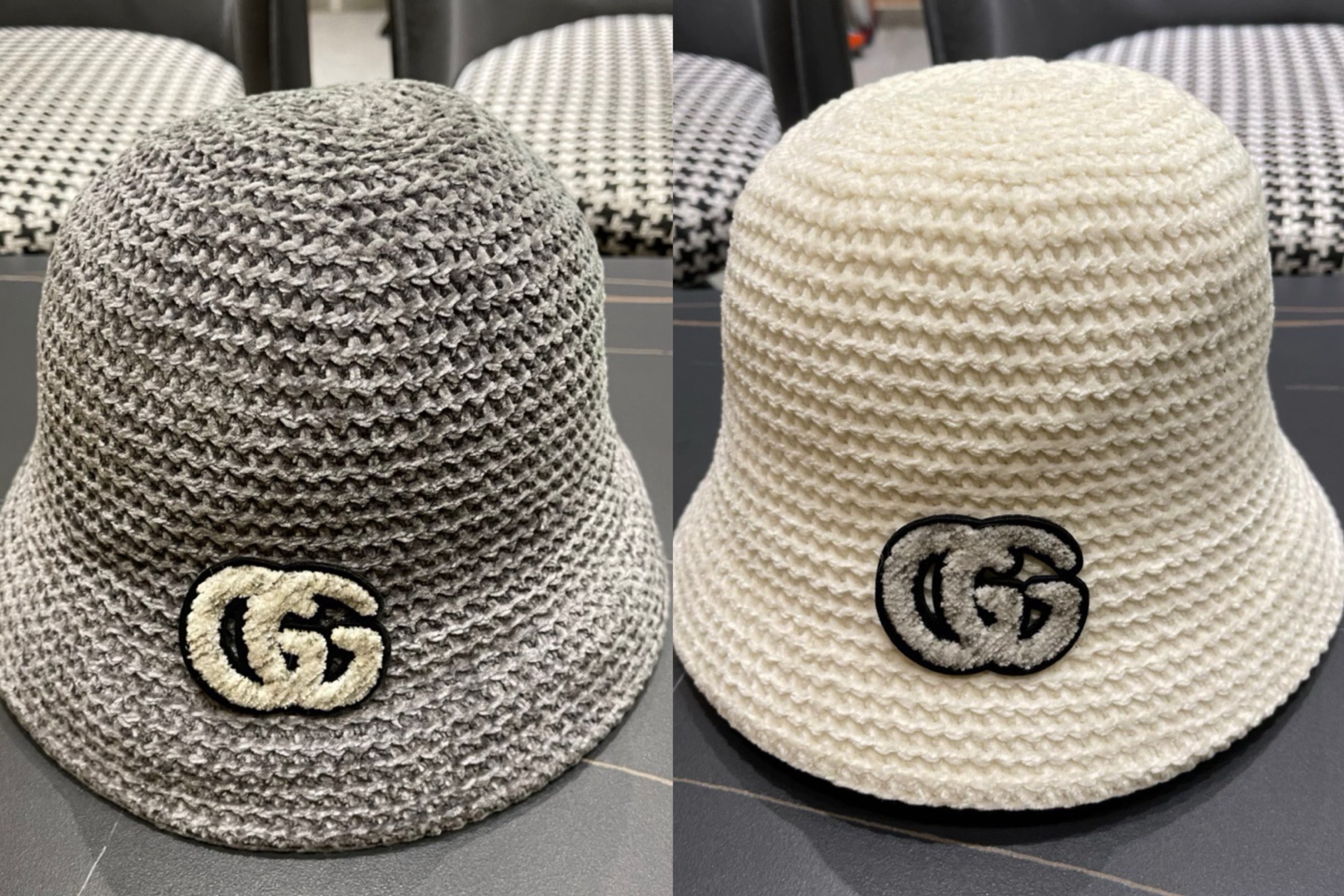 。古奇Gucci2024新款渔夫帽子女秋冬毛线拼接显脸小保暖百搭盆帽网红同款