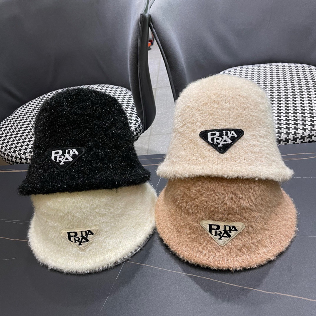 Prada普拉达帽檐针织渔夫帽女秋冬毛绒保暖百搭水桶帽韩版休闲气质盆帽潮