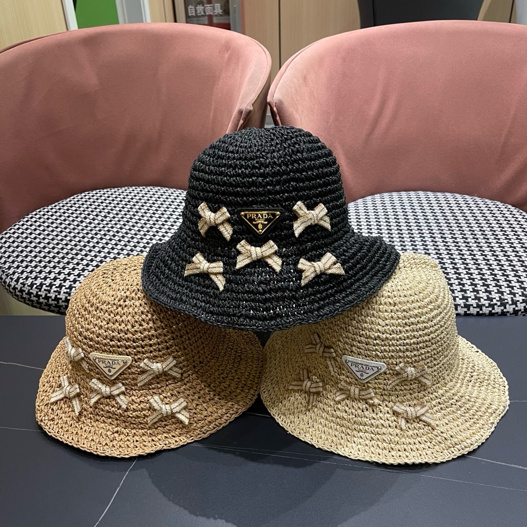 普拉达 渔夫帽女款夏季海边沙滩度假大帽檐法式草帽防晒防紫外线遮阳帽子