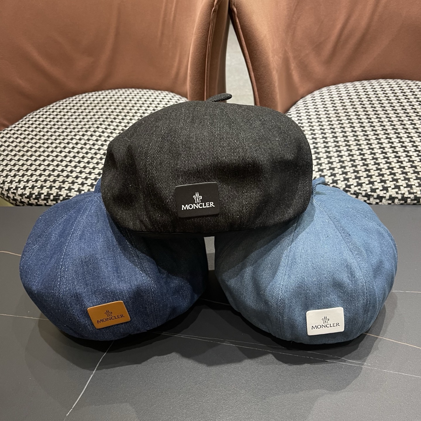 蒙口 日系网红牛仔贝雷帽子女春秋款潮浅蓝色复古金属标画家蓓蕾帽夏季