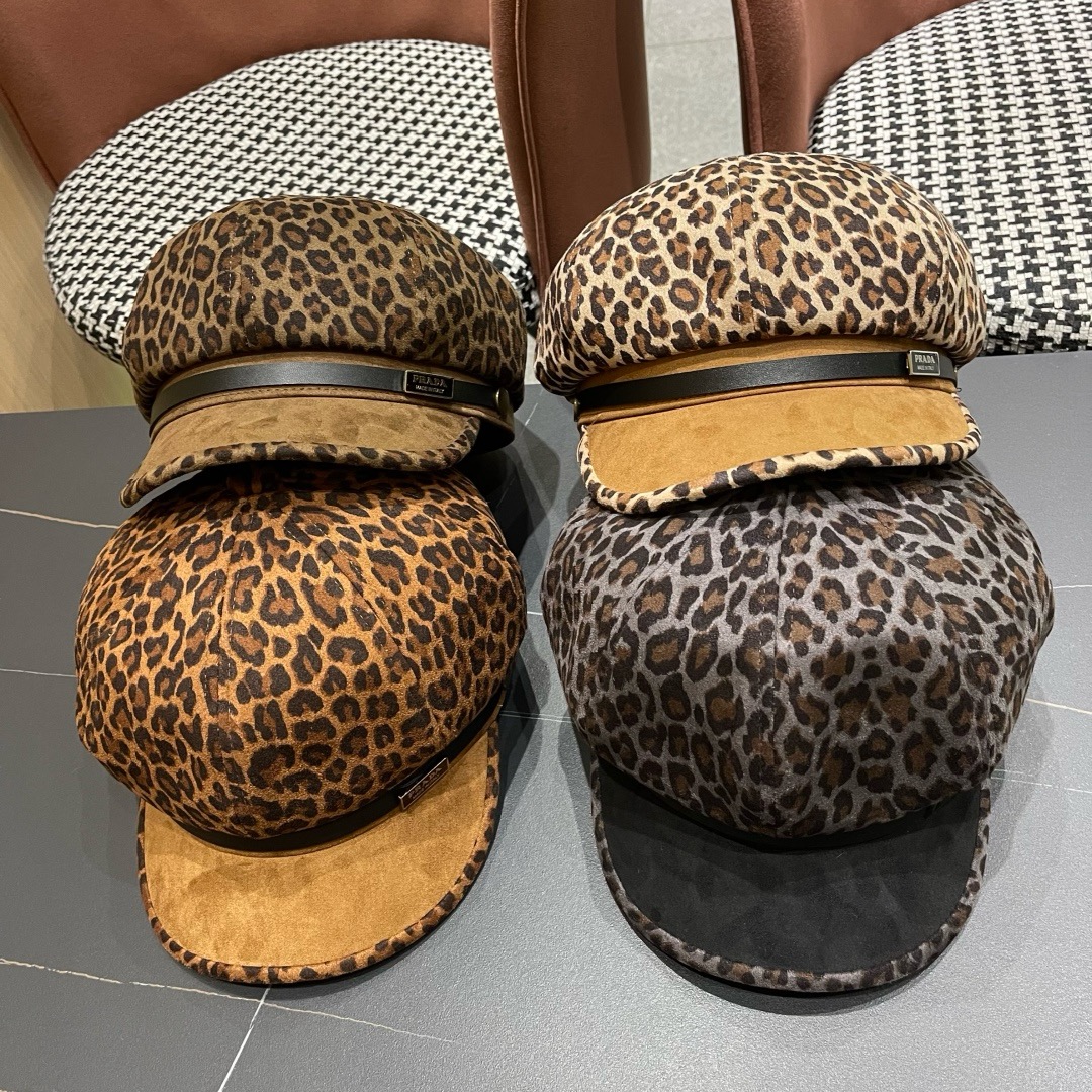 普拉达 2025年新款豹纹拼接八角帽子女春秋季出游百搭显脸小时尚鸭舌帽