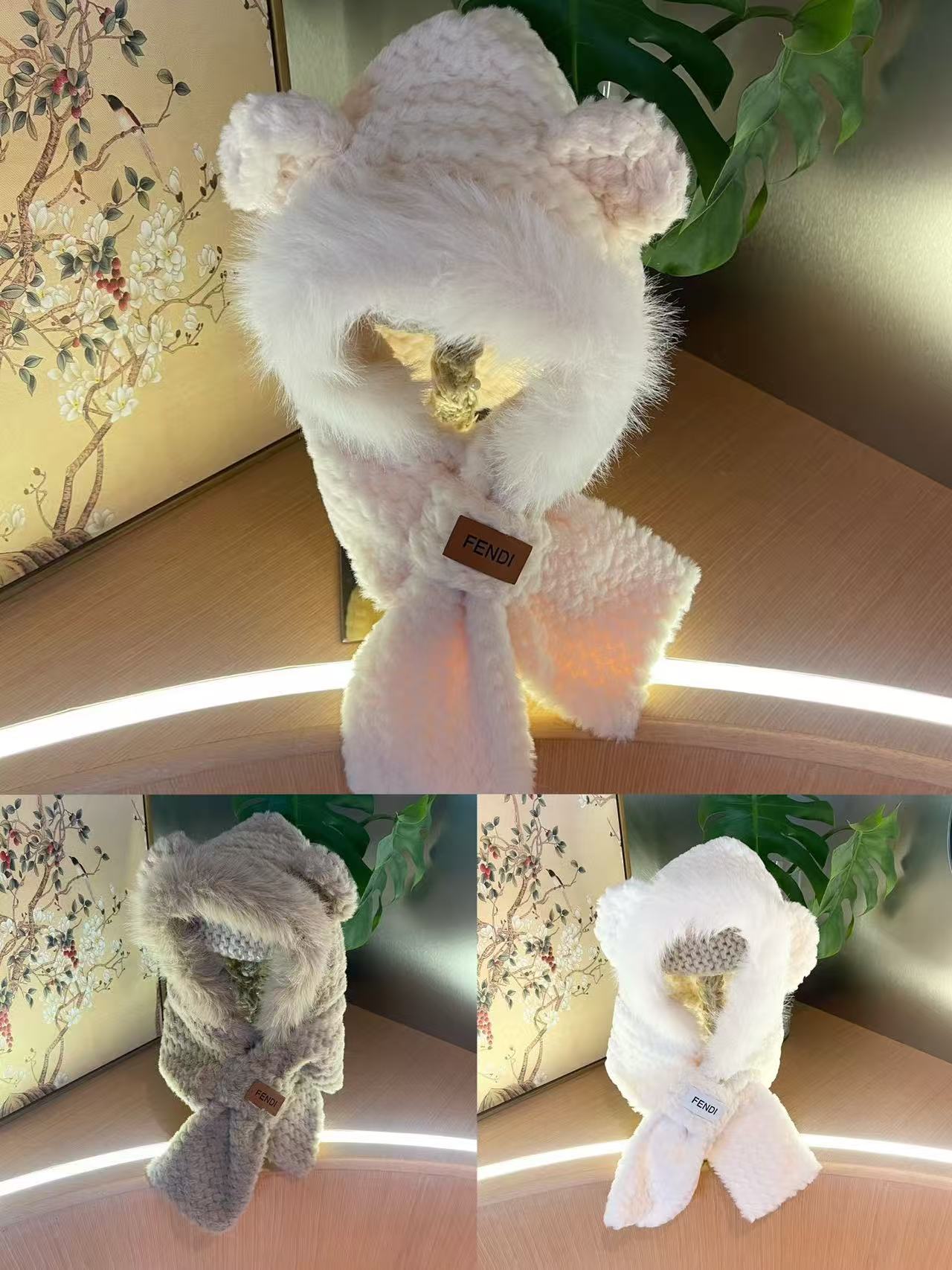 芬迪2024秋冬毛绒针织帽子女围巾一体加厚保暖骑车防寒连帽二件套