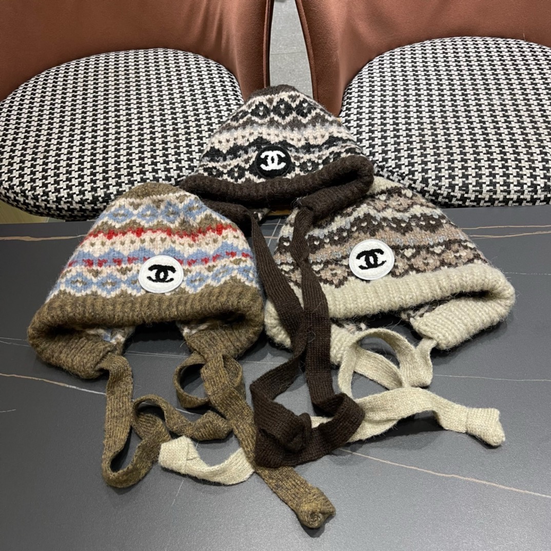 Chanel香奈儿秋冬复古百搭保暖费尔岛风针织羊🐏毛大头围弹力情侣护耳毛线帽帽子